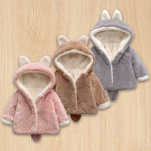 Solid Hooded 3D Ear and Tail Decor Baby Coat