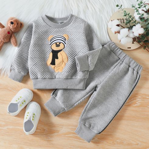 2pcs Baby Boy Bear Embroidered Grey Thickened Textured Long-sleeve Sweatshirt and Sweatpants Set