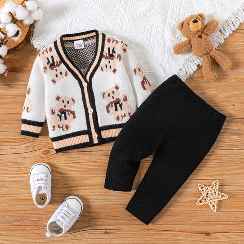 2pcs Baby Boy/Girl Allover Bear Pattern Long-sleeve Knitted Sweater Cardigan and Pants Set