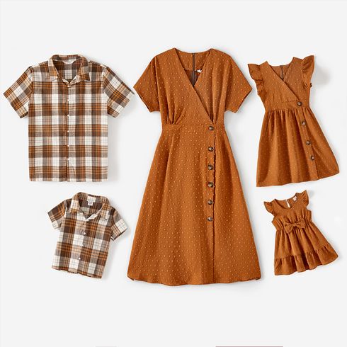 Family Matching Solid Swiss Dot Surplice Neck Button Front Dresses and Short-sleeve Plaid Shirts Sets