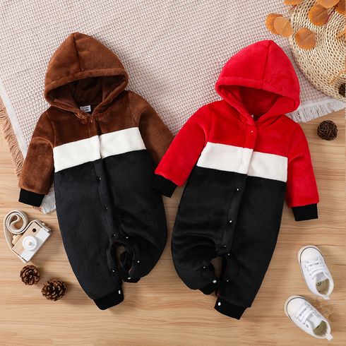 Baby Boy/Girl Colorblock Fuzzy Thermal Hooded Long-sleeve Button Jumpsuit