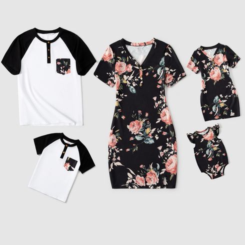 Family Matching 95% Cotton Colorblock Raglan-sleeve Button Front T-shirts and Floral Print V Neck Bodycon Dresses Sets
