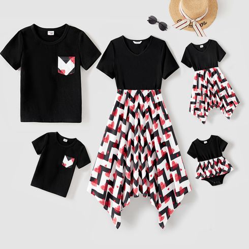 Family Matching 95% Cotton Black Short-sleeve T-shirts and Allover Heart Print Chevron Striped Asymmetric Hem Spliced Dresses Sets