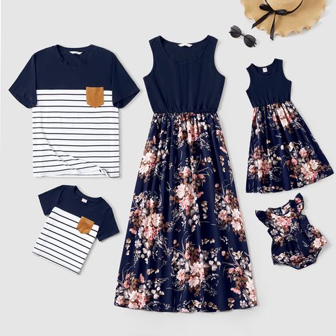 Family Matching Sleeveless Floral Print Spliced Midi Dresses and Short-sleeve Striped T-shirts Sets