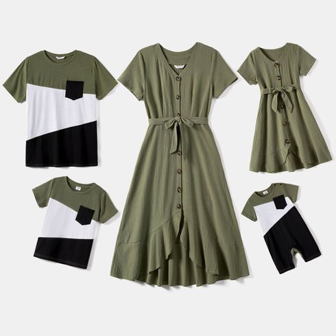 Family Matching 100% Cotton Short-sleeve Button Front Belted High Low Hem Dresses and Colorblock T-shirts Sets