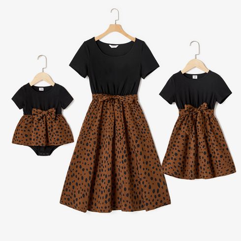 Mommy and Me Black Short-sleeve Spliced Dots Print Belted Dresses