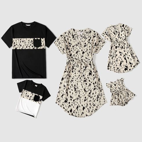Family Matching Allover Leopard Print Notch Neck Belted Dresses and Short-sleeve Colorblock T-shirts Sets