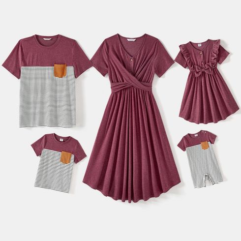 Family Matching Solid Crisscross Pleated A-line Dresses and Short-sleeve Striped Spliced T-shirts Sets