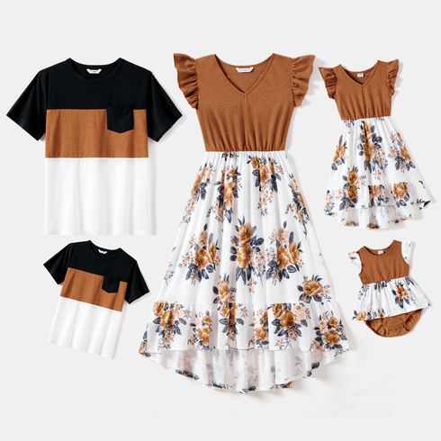 Family Matching Solid V Neck Flutter-sleeve Spliced Floral Print High Low Hem Dresses and Colorblock T-shirts Sets