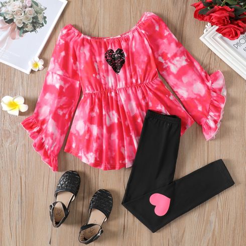 2pcs Kid Girl Tie Dyed Off Shoulder Long-sleeve Tee and Heart Print Leggings Set