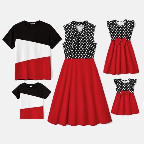 Family Matching Polka Dot Print Tie Neck Sleeveless Red Spliced Dresses and Short-sleeve Colorblock T-shirts Sets