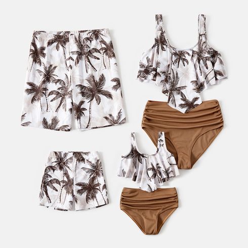 Family Matching Allover Coconut Tree Print Spliced Ruched One-piece Swimsuit and Swim Trunks