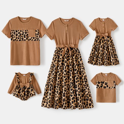 Family Matching Khaki Short-sleeve Spliced Leopard Print Midi Dresses and T-shirts Sets