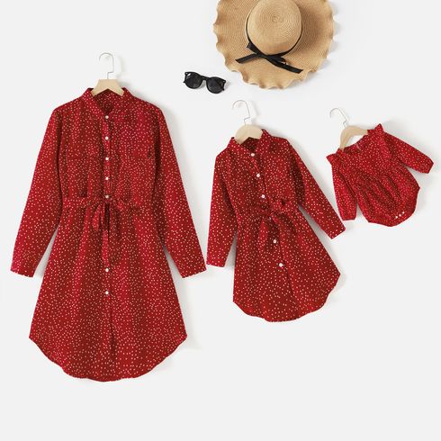 Mommy and Me Allover Polka Dot Print Long-sleeve Belted Button Dresses