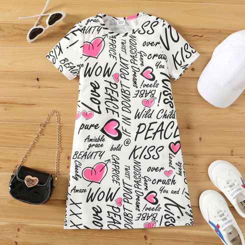 Kid Girl Letter Heart Print Short-sleeve Dress White big image 1