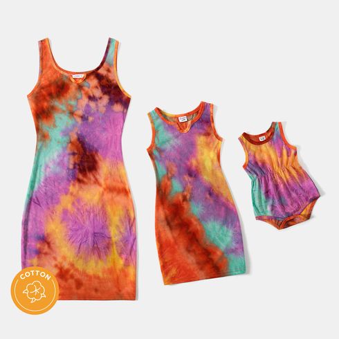 Mommy and Me 95% Cotton Colorful Tie Dye Bodycon Tank Dresses
