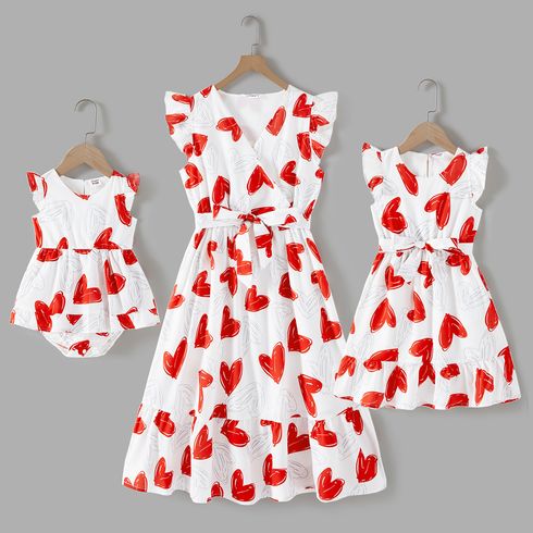 Valentine's Day Mommy and Me Allover Red Heart Print Flutter-sleeve Belted Dresses