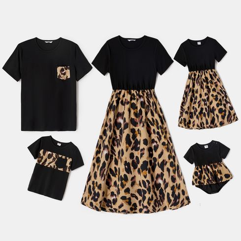 Family Matching Leopard Print Spliced Midi Dresses and Black Short-sleeve T-shirts Sets