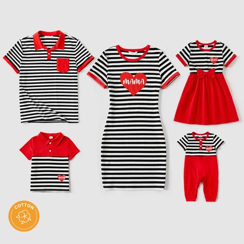 Family Matching 95% Cotton Striped Short-sleeve Graphic Dresses and Polo Shirts Sets