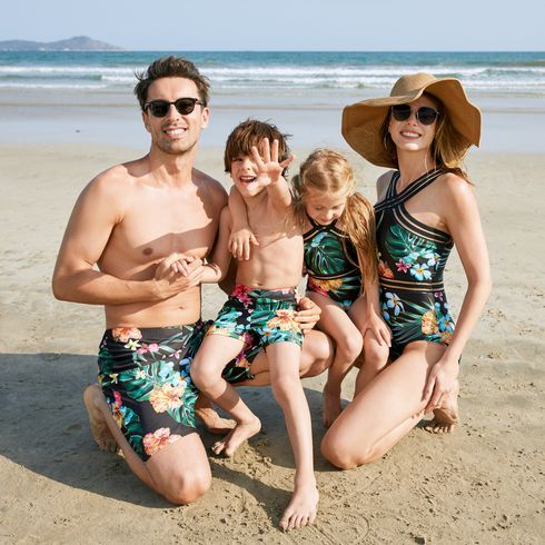 Family Matching Allover Tropical Plant Print One-piece Swimsuit and Swim Trunks Black big image 8