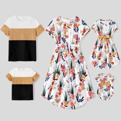 Family Matching Cotton Colorblock T-shirts and Allover Floral Print Short-sleeve Belted Dresses Sets