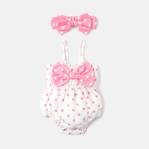 2pcs Baby Girl Polka Dots Print Bow Front Cami Romper & Headband Set
