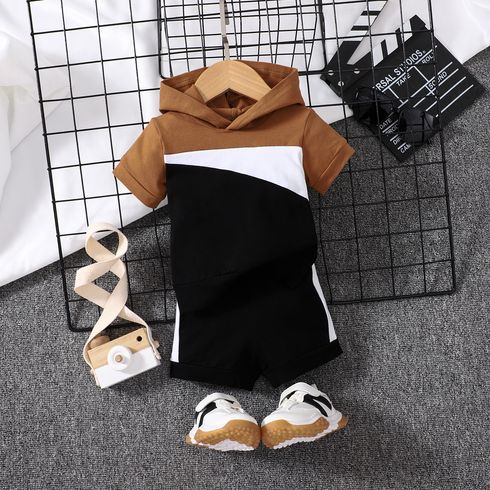 2pcs Baby Boy 95% Cotton Hooded Short-sleeve Colorblock Top & Shorts Set Brown big image 1