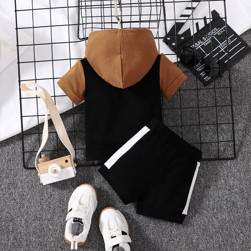 2pcs Baby Boy 95% Cotton Hooded Short-sleeve Colorblock Top & Shorts Set Brown big image 3