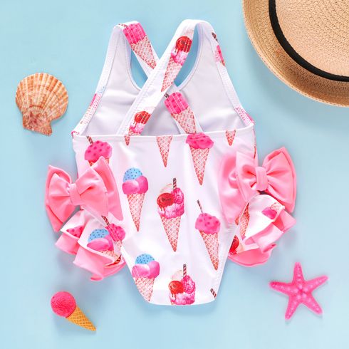Baby Girl Allover Ice Cream Cone Print Ruffle Trim One-piece Swimsuit Pink big image 2