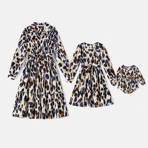 Mommy and Me Long-sleeve Leopard Print Belted Dresses