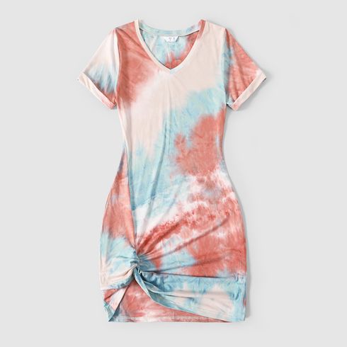 Family Matching Colorblock Tie Dye Twist Knot Bodycon Dresses and Short-sleeve T-shirts Sets Colorful big image 4
