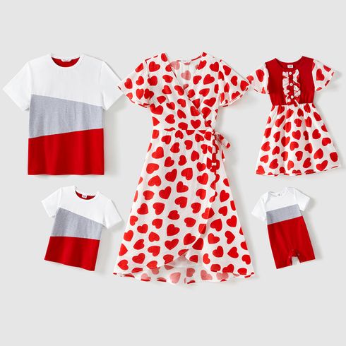 Valentine's Day Family Matching 95% Cotton Short-sleeve Colorblock T-shirts and Allover Heart Print Dresses Sets