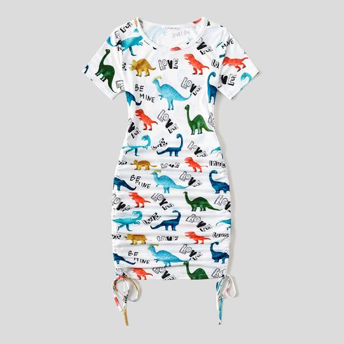 Family Matching Allover Dinosaur Print Drawstring Ruched Bodycon Dresses and Short-sleeve T-shirts Sets BlackandWhite big image 2
