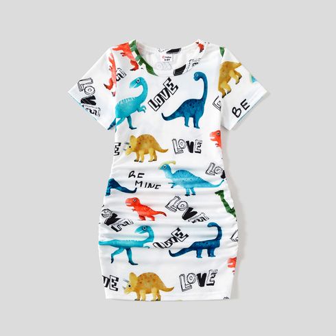 Family Matching Allover Dinosaur Print Drawstring Ruched Bodycon Dresses and Short-sleeve T-shirts Sets BlackandWhite big image 4