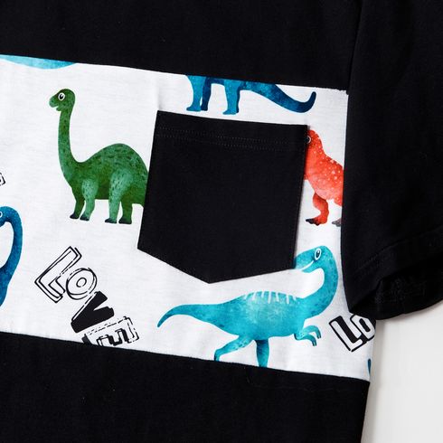 Family Matching Allover Dinosaur Print Drawstring Ruched Bodycon Dresses and Short-sleeve T-shirts Sets BlackandWhite big image 10