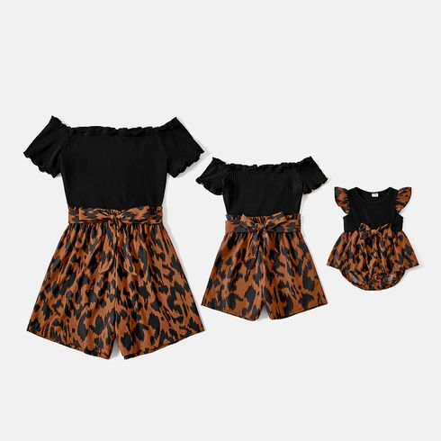 Mommy and Me Leopard Print & Black Ribbed Spliced Cold Shoulder Short-sleeve Rompers