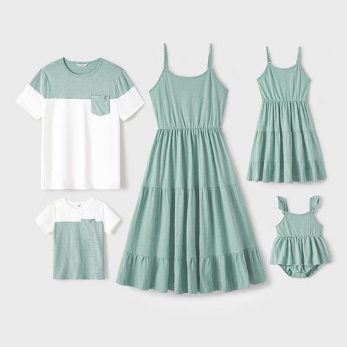 Family Matching Solid Cami Dresses and Short-sleeve Colorblock T-shirts Sets