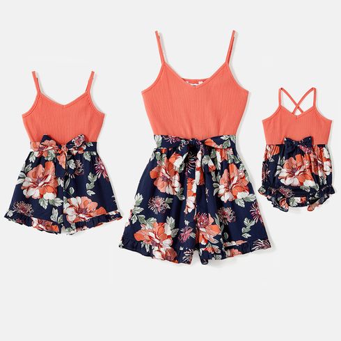 Mommy and Me Solid Ribbed Spliced Floral Print Cami Romper