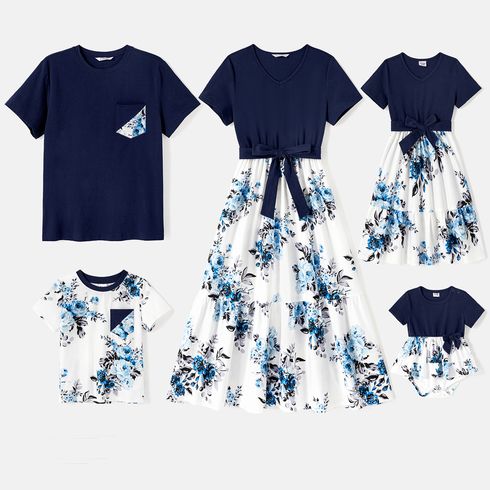 Family Matching 95% Cotton Dark Blue Short-sleeve T-shirts and Floral Print Spliced Dresses Sets