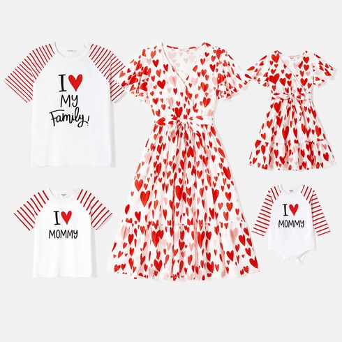 Valentine's Day Family Matching Allover Red Heart Print Surplice Neck Ruffle-sleeve Belted Dresses and Striped Raglan-sleeve Graphic T-shirts Sets