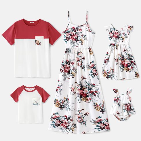 Family Matching 95% Cotton Short-sleeve Colorblock T-shirts and Floral Print Cami Dresses Set