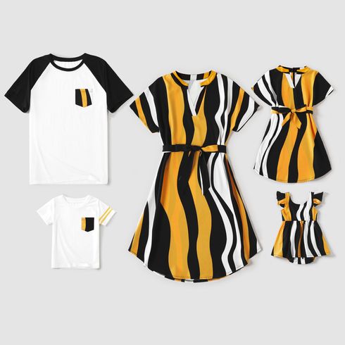 Family Matching Cotton Raglan Sleeve T-shirts and Striped Belted Dresses Sets