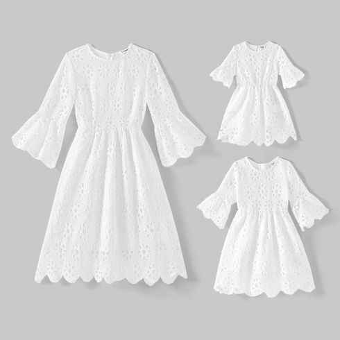 Mommy and Me White Eyelet Embroidered Lace Long-sleeve Dress