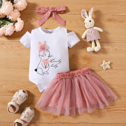 Easter 3pcs Baby Girl Cold Shoulder Short-sleeve Graphic Romper and Mesh Skirt & Headband Set