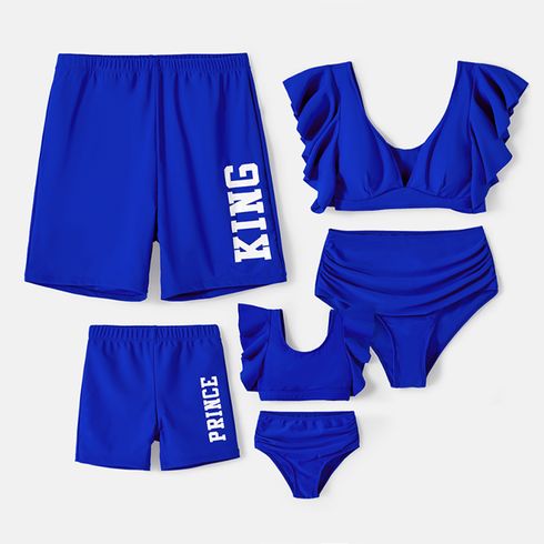 Family Matching Blue Ruffle Trim Two-piece Swimsuit and Letter Print Swim Trunks