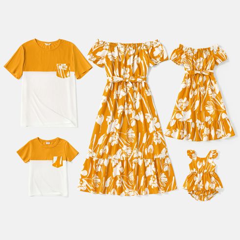 Family Matching Cotton Short-sleeve Colorblock T-shirts and Floral Print Off Shoulder Belted Dresses Sets