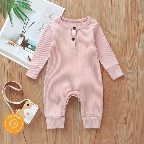 Baby Girl/Boy Cotton Button Design Solid Color Ribbed Long-sleeve Jumpsuits