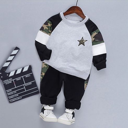 2pcs Baby Boy 100% Cotton Star Graphic Camouflage Colorblock Long-sleeve Sweatshirt & Sweatpants Set