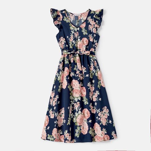 Family Matching Cotton Short-sleeve Spliced Tee and Allover Floral Print Flutter-sleeve Belted Dresses Sets Tibetanbluewhite big image 12