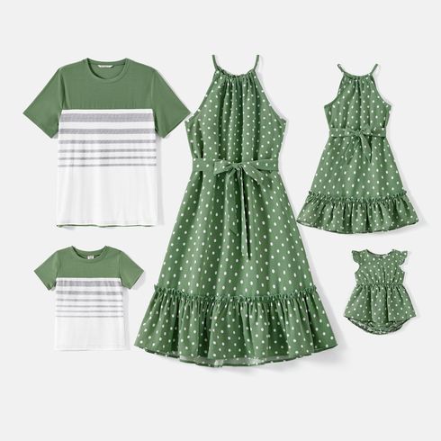 Family Matching Green Polka Dots Halter Belted Dresses and Striped Colorblock Short-sleeve Tee Sets